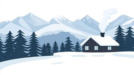 Cozy cabin surrounded by towering mountains and snow-covered pine trees during a serene winter day
