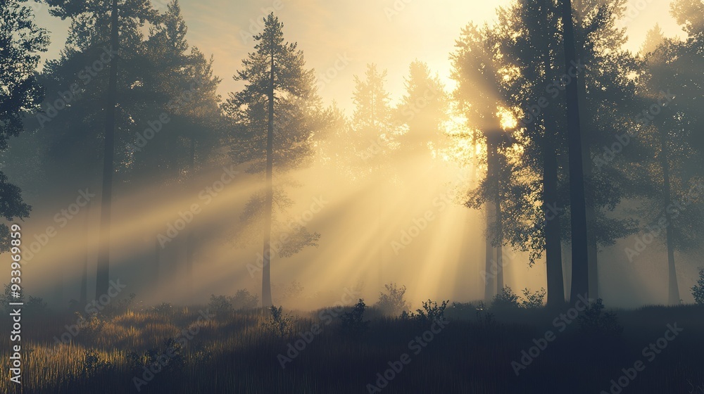 Poster sunlight beams through misty trees in a tranquil forest at dawn, creating a serene atmosphere surrou