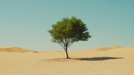 Fototapeta premium A solitary tree thrives in a vast desert landscape under a clear blue sky, casting a long shadow on the golden sand during midday, showcasing resilience in harsh conditions