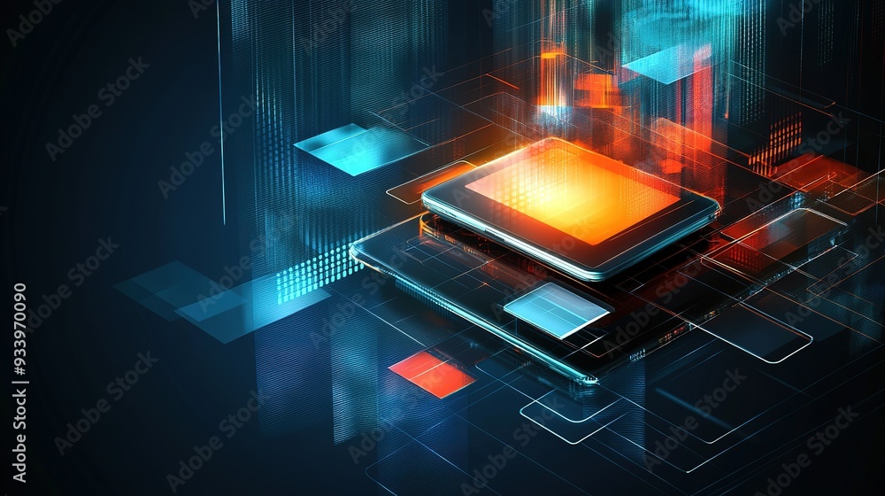 Poster abstract digital representation of advanced technology showcasing a vibrant processor surrounded by 