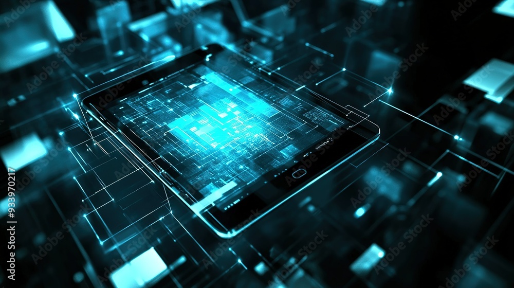 Poster an abstract representation of a tablet device surrounded by digital data streams and glowing circuit