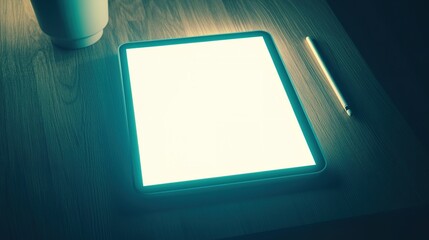 A bright tablet resting on a wooden table beside a coffee cup and a pen in a dimly lit room during the evening hours