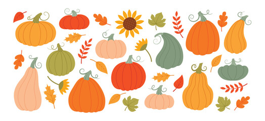 Pumpkins and autumn leaves set. Harvest festival. Flat style illustrations isolated on white background