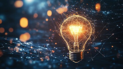 A glowing light bulb illuminates a web of intricate connections, symbolizing innovation and creativity within a digital landscape at twilight