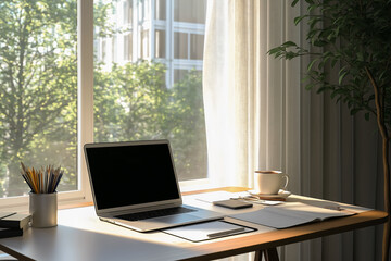 Desk with laptop opposite the window. Modern work area