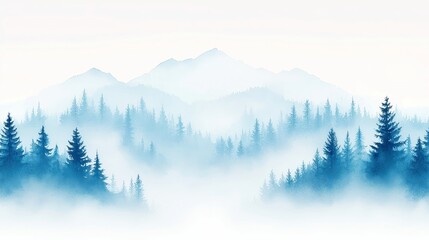 Fototapeta premium Blue Forest in Mist, a serene watercolor illustration featuring ethereal trees enveloped in soft fog, evoking tranquility and the beauty of nature's quiet moments.