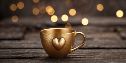 Obraz premium Heart shaped gold color coffee cup mug on old wooden table.