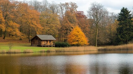 Obraz premium A tranquil log cabin by a peaceful lake in a vibrant autumn forest with colorful trees reflecting on the water during a cool afternoon
