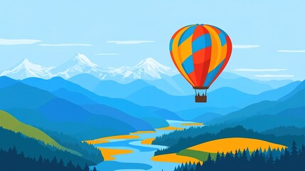 Fototapeta premium A colorful hot air balloon floats above a serene river winding through green valleys and majestic mountains on a clear day