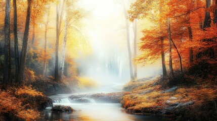A tranquil forest landscape with a flowing river and vibrant autumn foliage in the early morning mist