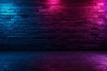 Rays neon light on neon brick wall. Empty scene. Neon reflections on wet asphalt. Cyberpunk background with copy space. Rays neon light in the dark with smoke.