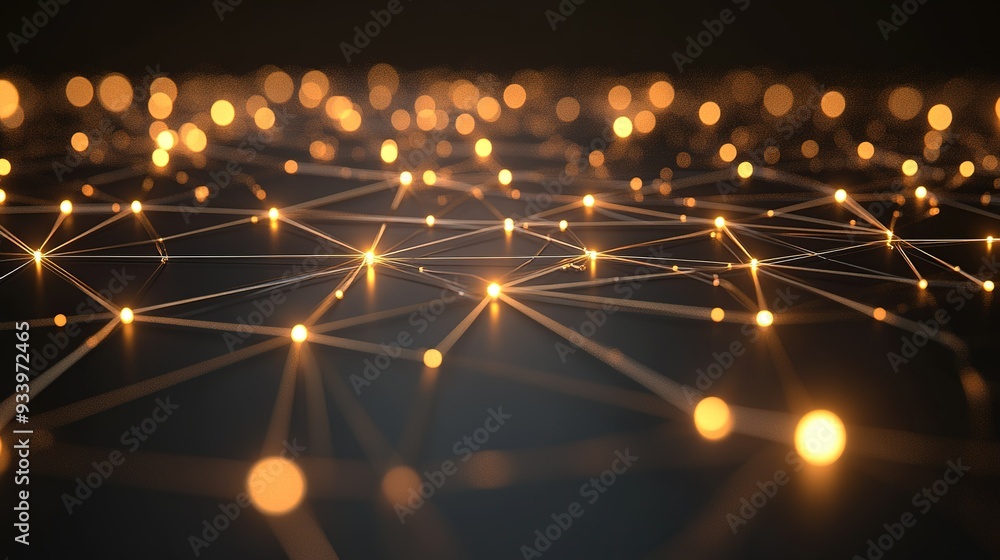 Poster a close-up view of glowing lights connected by intricate lines on a dark background, resembling a di