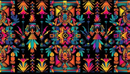 pattern with a digital illustration of colorful Aztec patterns, their intricate designs and vibrant colors adding depth to the black background Generative AI
