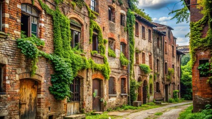 Fototapeta premium Weathered, ancient brick buildings with crumbling facades, overgrown with vines, stand as testament to a bygone era, exuding a sense of nostalgic, historic charm.