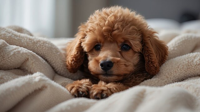 Cozy Poodle Puppy Resting Comfortably in Soft Fleece Bedding.