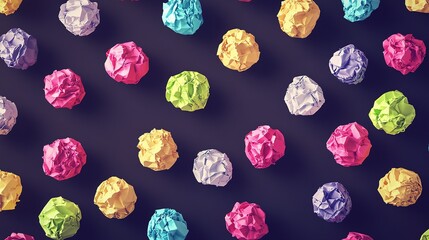 Colorful crumpled paper balls arranged artistically on a dark background, showcasing creativity and playfulness in design and layout