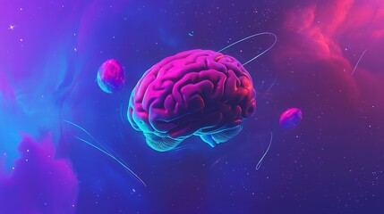 Obraz premium A vibrant cosmic depiction of a brain floating amidst colorful nebulae and celestial bodies in a digital art style