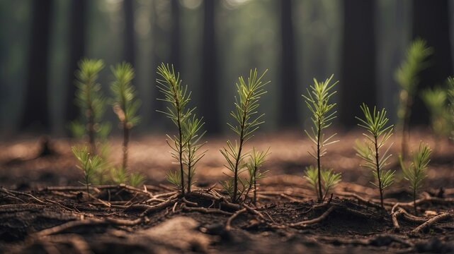 Young pine seedlings growing in a forest recovering from wildfire.