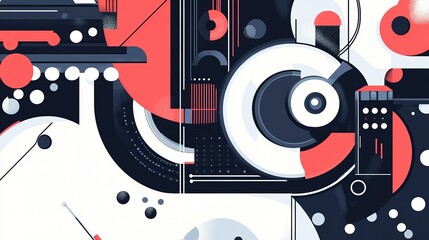 Colorful abstract geometric design featuring circular and angular shapes in black, red, and white, creating a dynamic composition
