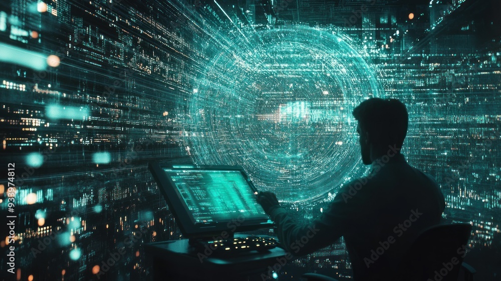 Poster Silhouette of a Hacker Working in a Digital World