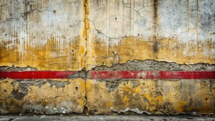 Weathered urban background with faded painted line on dirty concrete wall, rough peeling texture and stains, exuding a gritty, rebellious, and worn-out atmosphere.