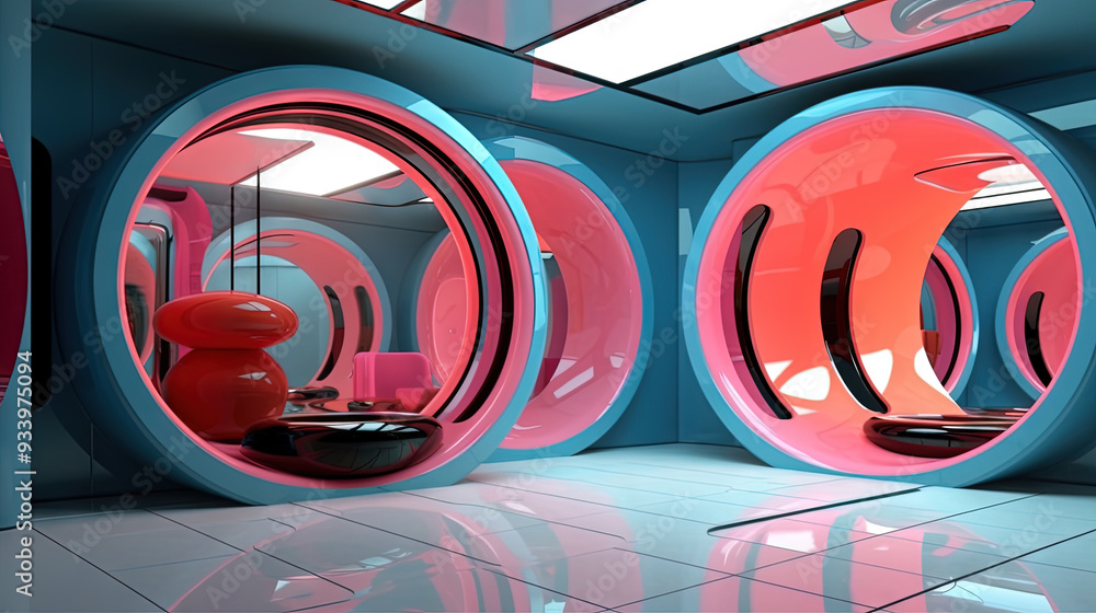 Aufkleber spaceship or lab interior in retro futuristic sci-fi style with round doors.