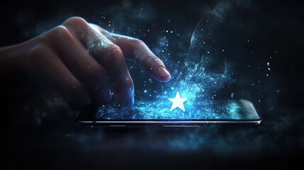 A hand touches a smartphone screen, generating a glowing star amidst swirling cosmic colors in a dark environment at night