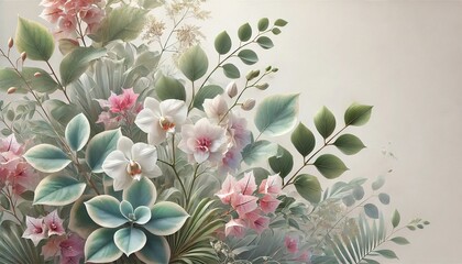 Elegant Tropical Floral Background with Orchids and Bougainvillea for Wedding Invitations and Nature-Inspired Designs