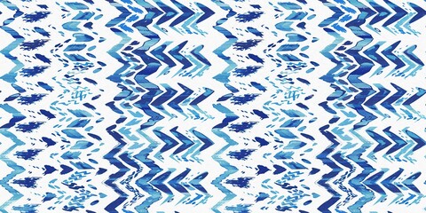 Summery ikat zig zag border pattern in painterly brushstroke digital design. Modern coastal living printed textile decor in seamless banner tape template.