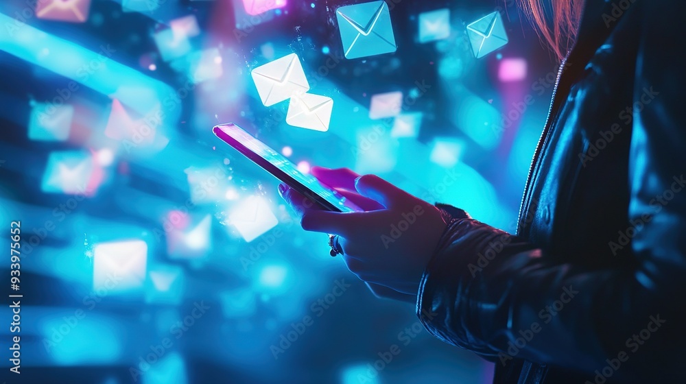 Poster a person engaging with a smartphone, illuminated by colorful light effects, while messages appear in