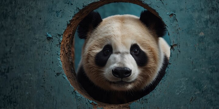 Panda face in a circular hole on a blue background, close-up Wildlife and art concept.