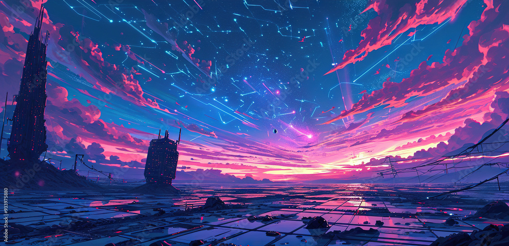Poster vibrant sci-fi scene with synthwave styled towers in breathtaking perspective. futuristic cyberpunk 