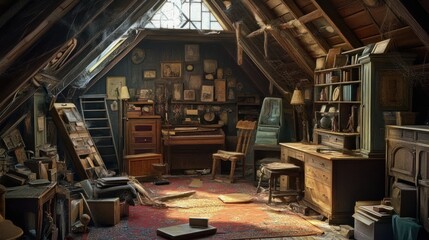 A Dusty Attic Filled with Furniture and Books