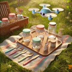 Charming zero-waste picnic with eco-friendly glass jars and pastel cutlery on a sunny meadow - perfect for outdoor events