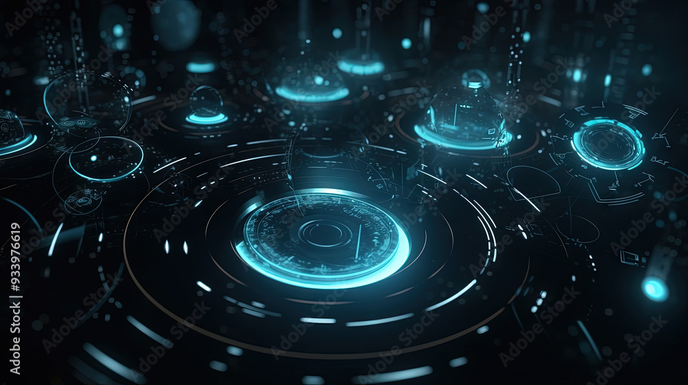 Poster Technology abstract background with hud styled round interface elements in neon tech light.
