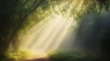 Sunlight breaks through lush canopy in a serene forest, creating a magical pathway during early morning hours