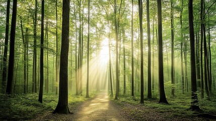 Naklejka premium Sunlight filters through a lush forest canopy on a serene path during early morning hours, creating a peaceful atmosphere in nature