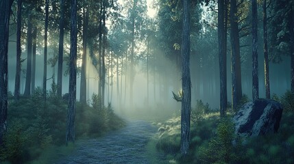 Obraz premium A serene forest path in early morning light, surrounded by tall trees and mist, creating a tranquil atmosphere immersed in nature's beauty