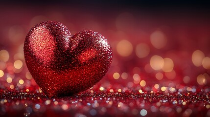 A red glitter heart sits on a bed of red glitter with bokeh lights in the background.