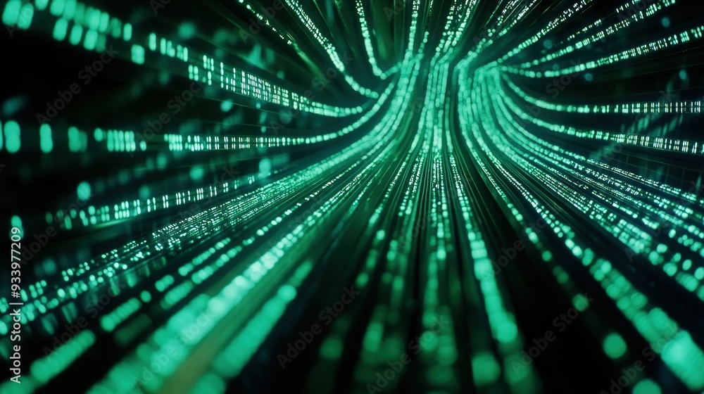 Poster digital data streams flowing dynamically through a twisting tunnel, illuminated in vibrant shades of