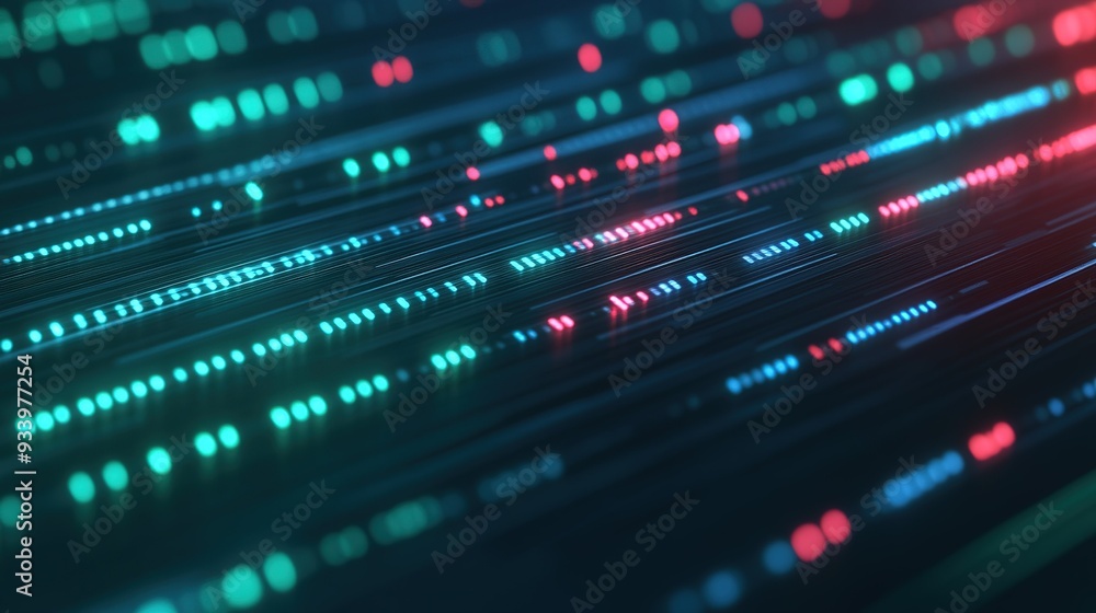 Poster colorful digital data streams with blue, green, and red light effect showcasing a futuristic, abstra