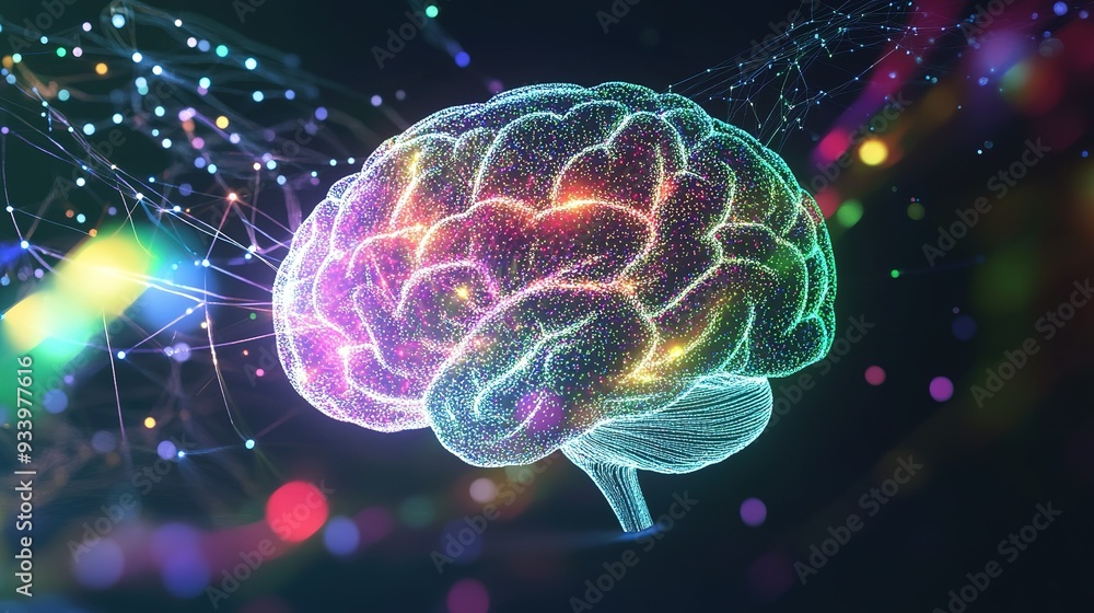 Aufkleber a vibrant digital representation of a human brain with colorful nodes and connections illustrating n