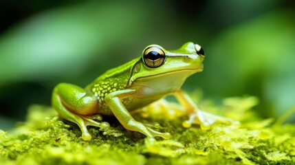 Obraz premium Charming and adorable, a tiny, vibrantly green juvenile frog makes a captivating companion.