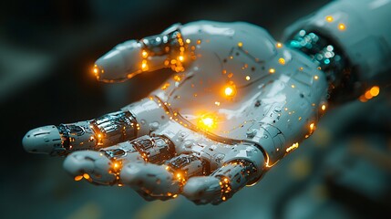 A close-up of a robotic hand extending from a human arm, glowing softly with energy pulses.