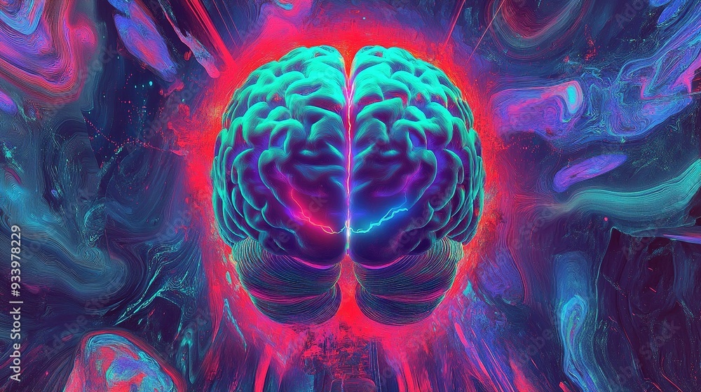 Aufkleber A vibrant digital representation of a brain with glowing colors showcasing neural connections and synapses against an abstract background