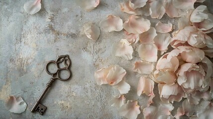 A delicate flat lay with peony petals in soft pinks and whites, gently scattered on a textured gray background, with a small vintage key placed in the center