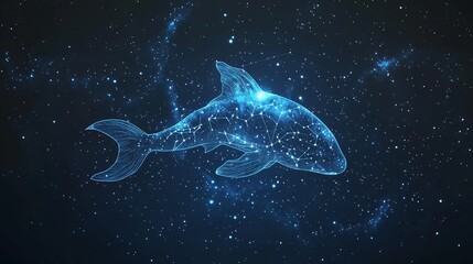 Fototapeta premium A glowing digital fish with constellations swimming through a starry cosmos at night