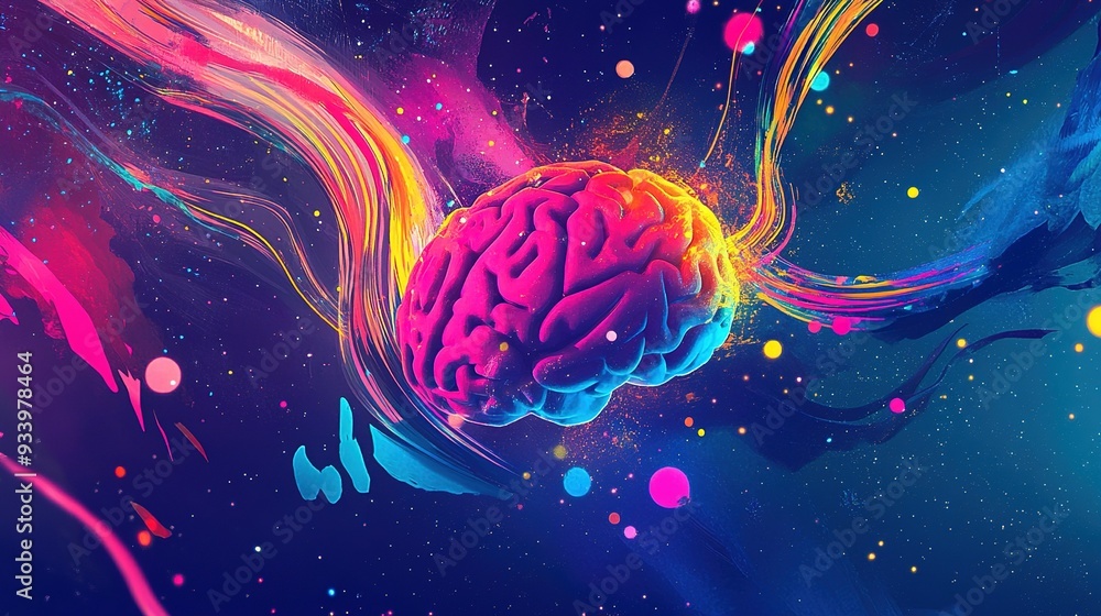 Aufkleber a vibrant digital artwork of a colorful brain surrounded by swirling neon patterns representing crea