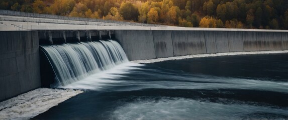 A concrete dam with water flowing over it.