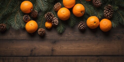 Christmas spirit background Fresh oranges tangerines pine branches and cones Natural decorations vintage wooden boards flat lay copyspace top view.